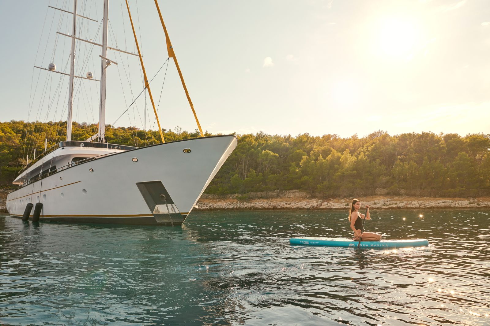 Paddle boarding around the Anima Maris gulet in Croatia