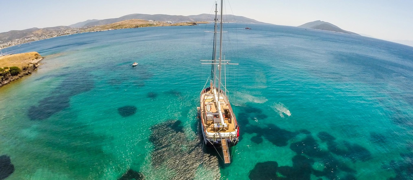 Aerial view of the Artemis gulet in clear Turkish waters