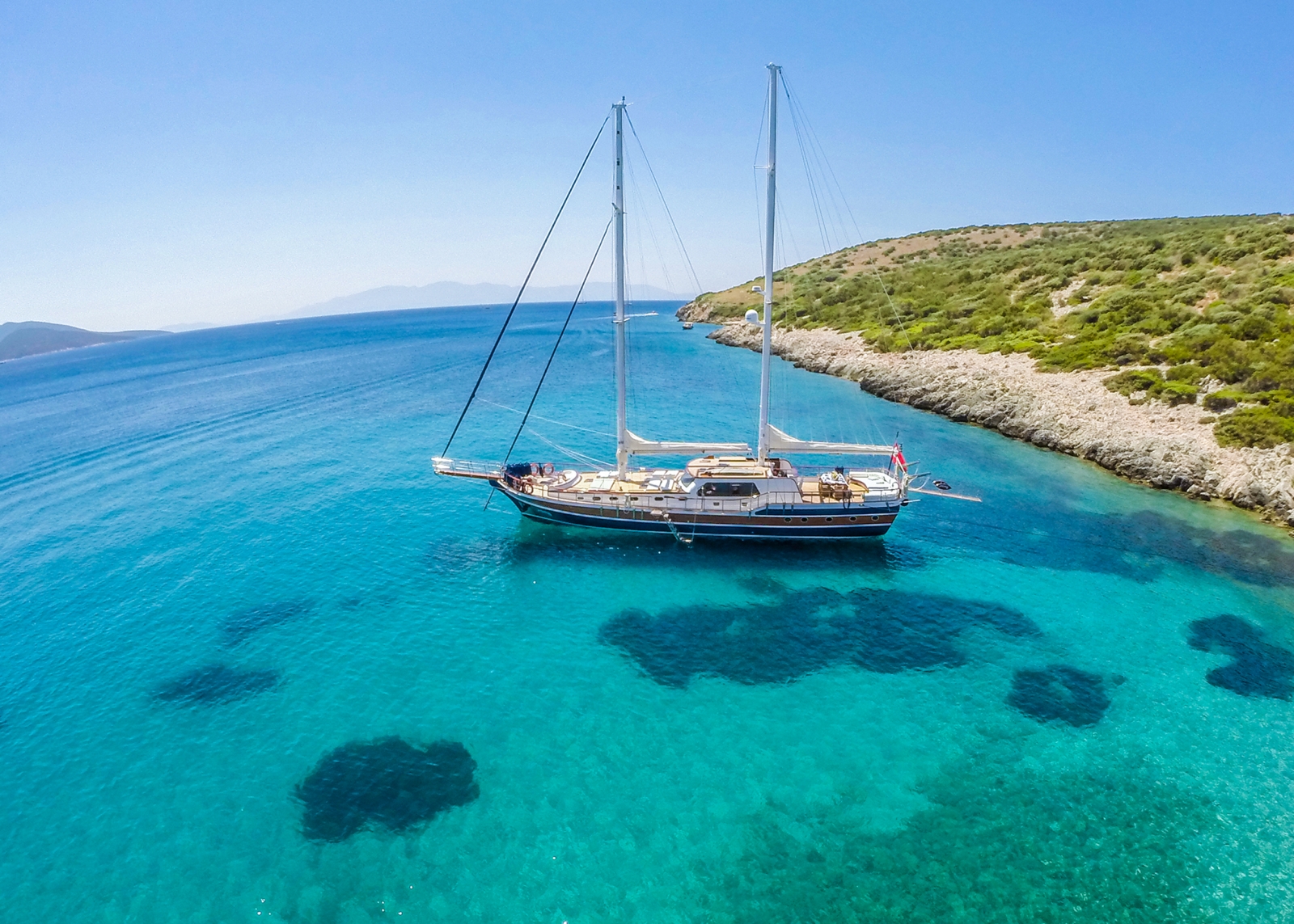 Artemis moored in turquoise waters in Turkey