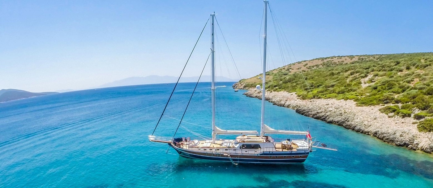 Artemis moored in turquoise waters in Turkey