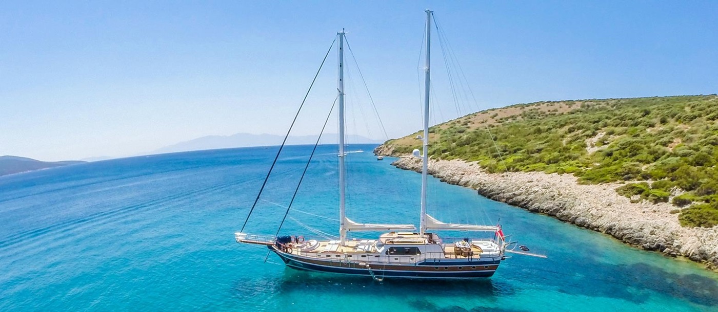 Artemis moored in turquoise waters in Turkey