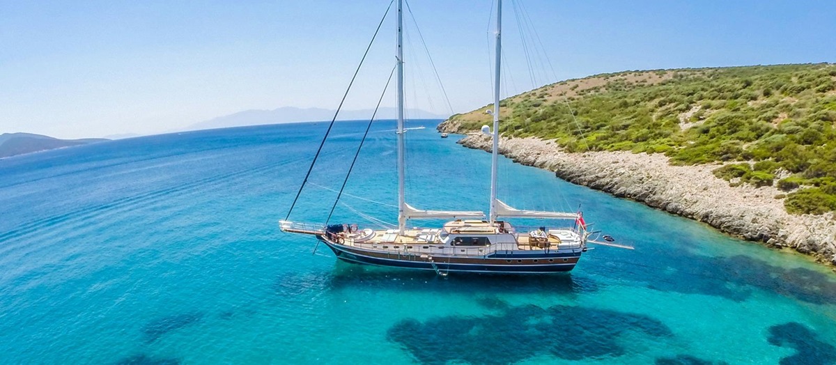 Artemis moored in turquoise waters in Turkey