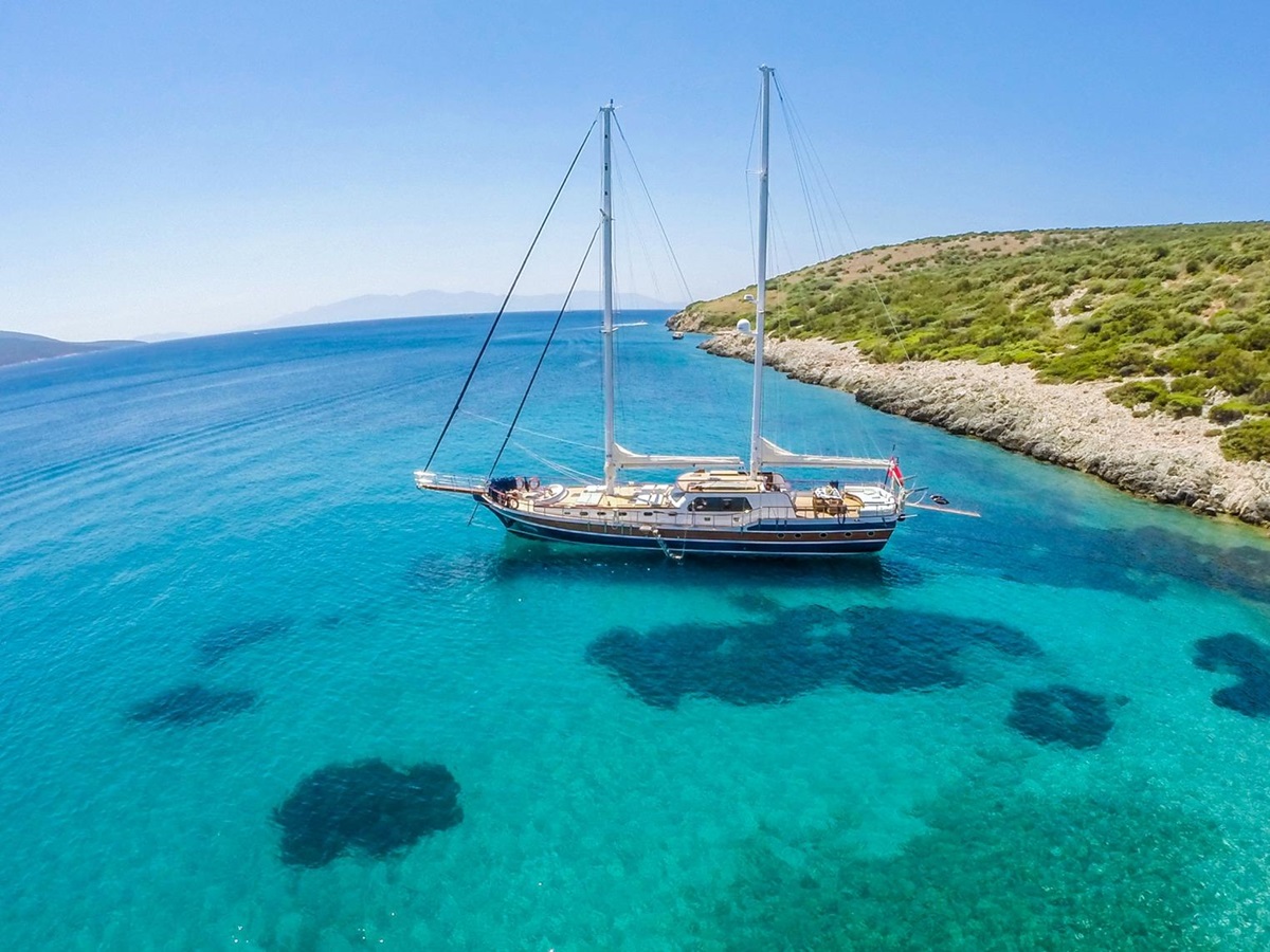 Artemis moored in turquoise waters in Turkey
