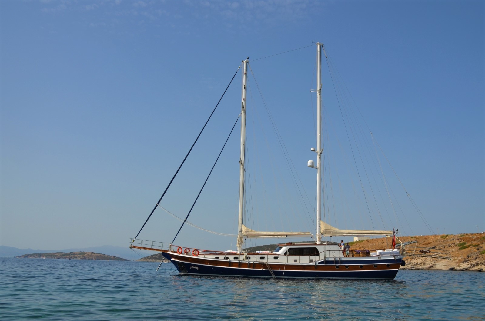 Artemis with sails down in Turkey