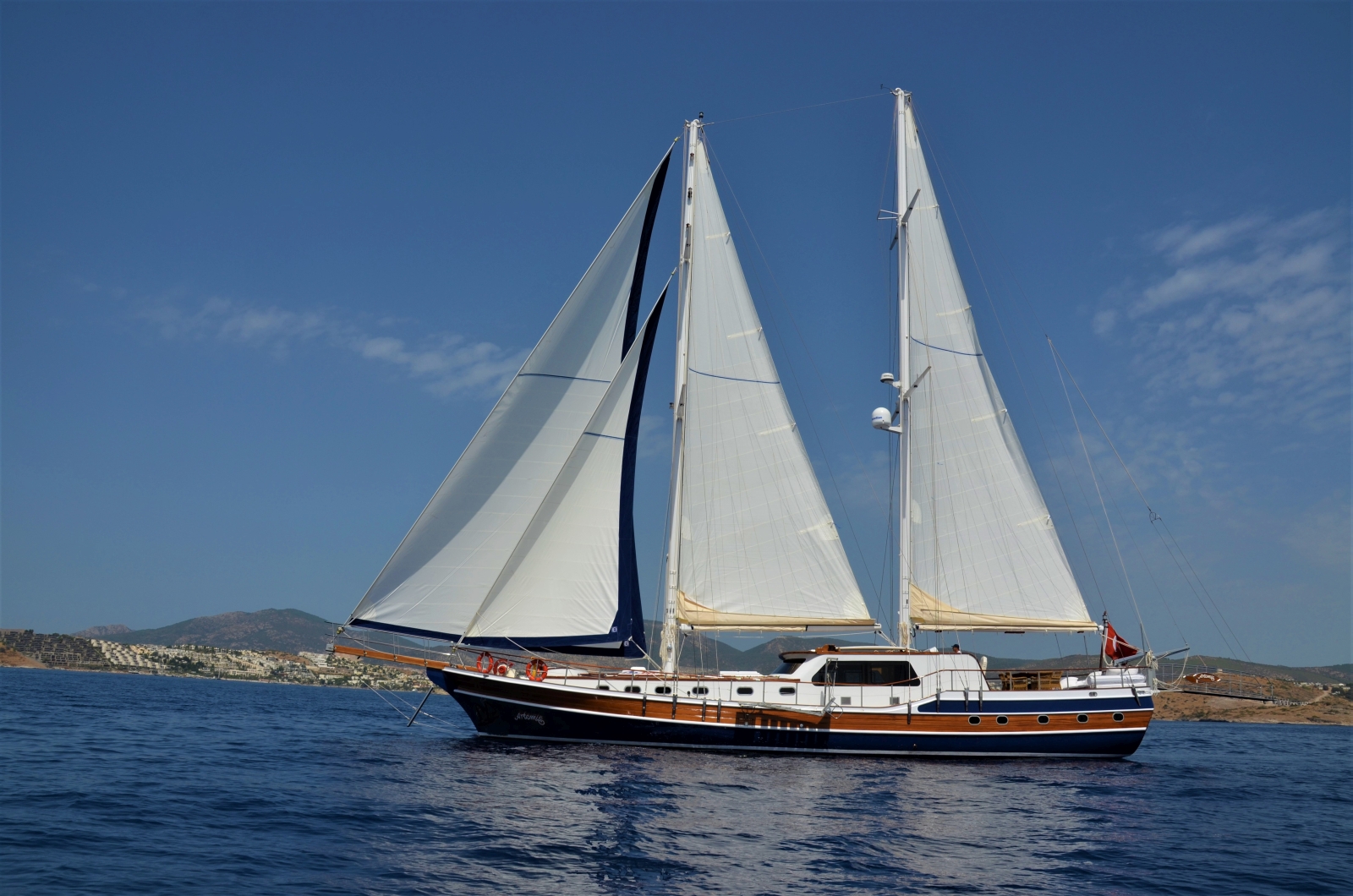 Artemis with sails up in Turkey