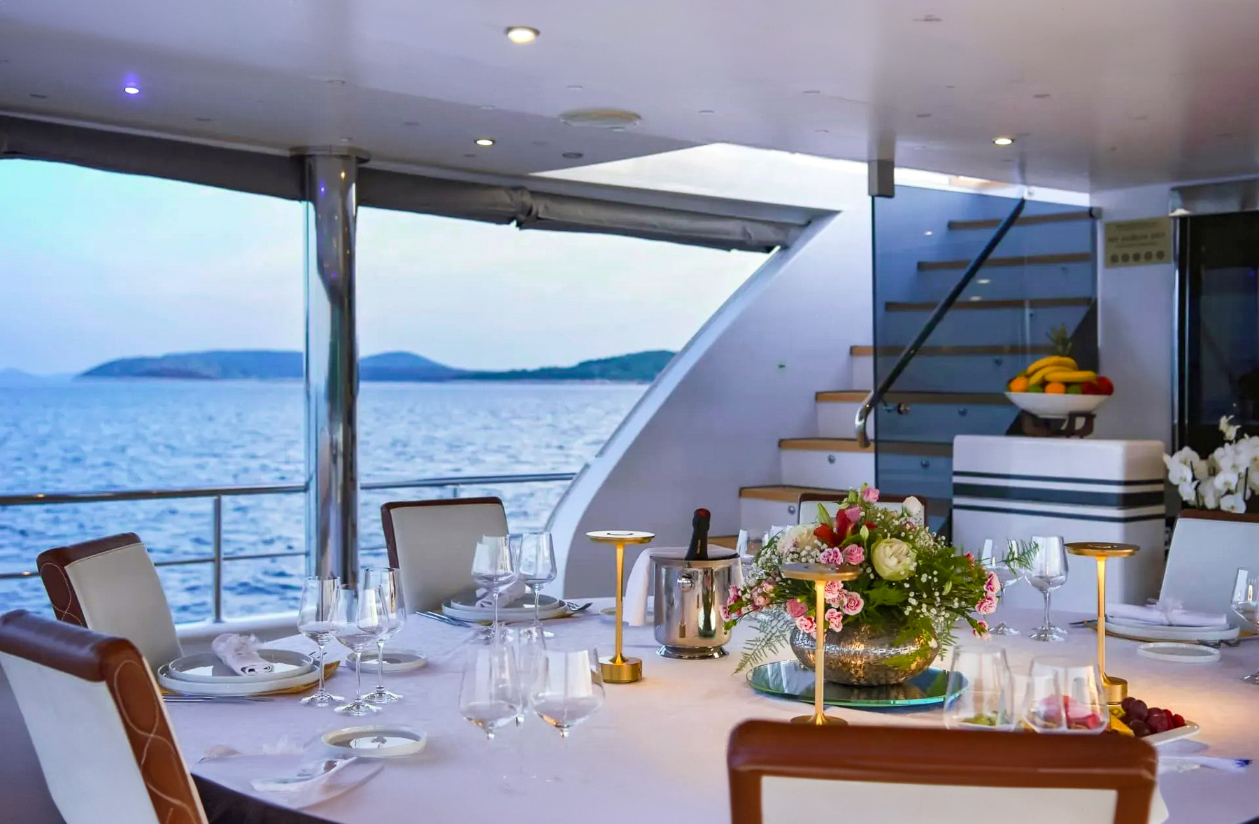 Dining table onboard the Aurum Sky luxury yacht in Croatia