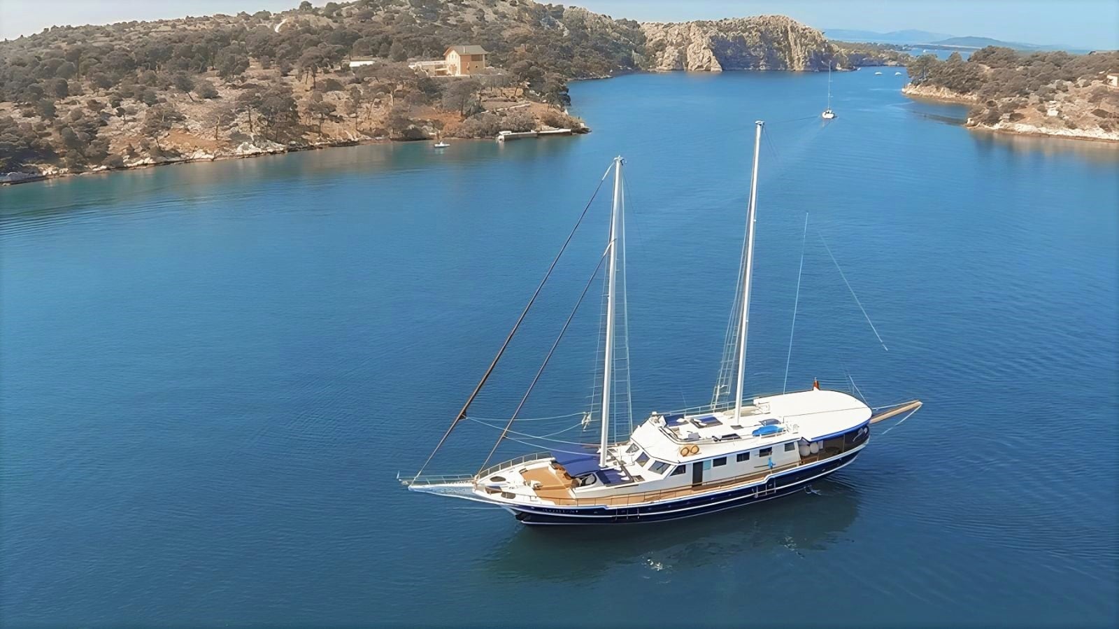 Aerial view of the Aurum gulet in bay in Croatia