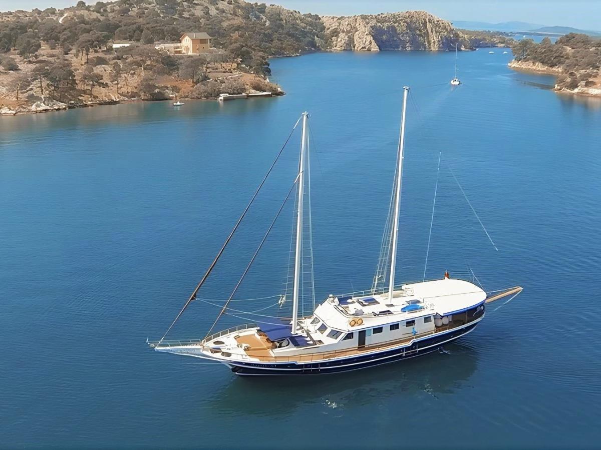 Aerial view of the Aurum gulet in bay in Croatia