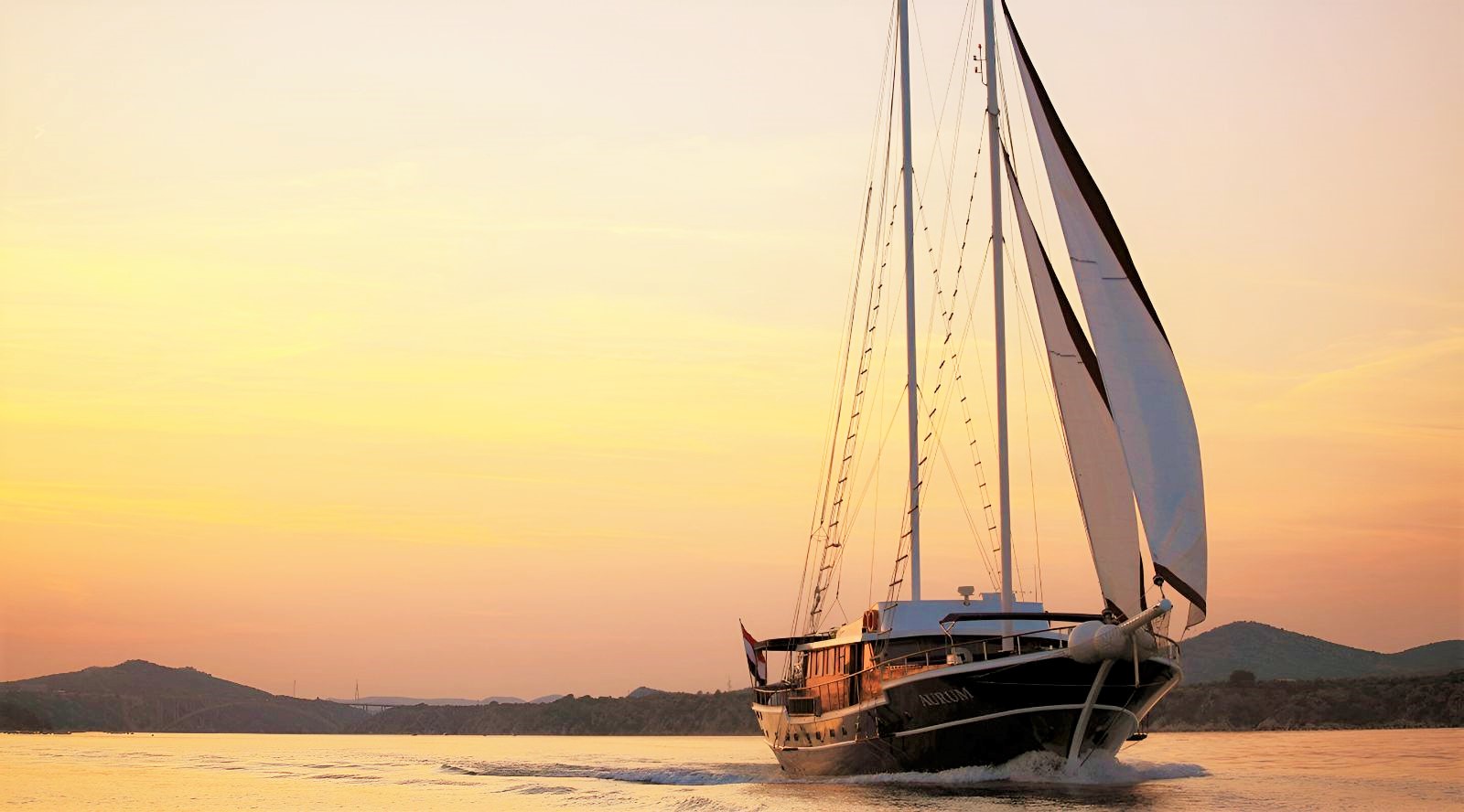 Exterior view of the Aurum gulet at sunset in Croatia