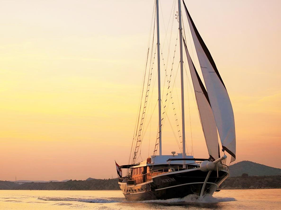 Exterior view of the Aurum gulet at sunset in Croatia