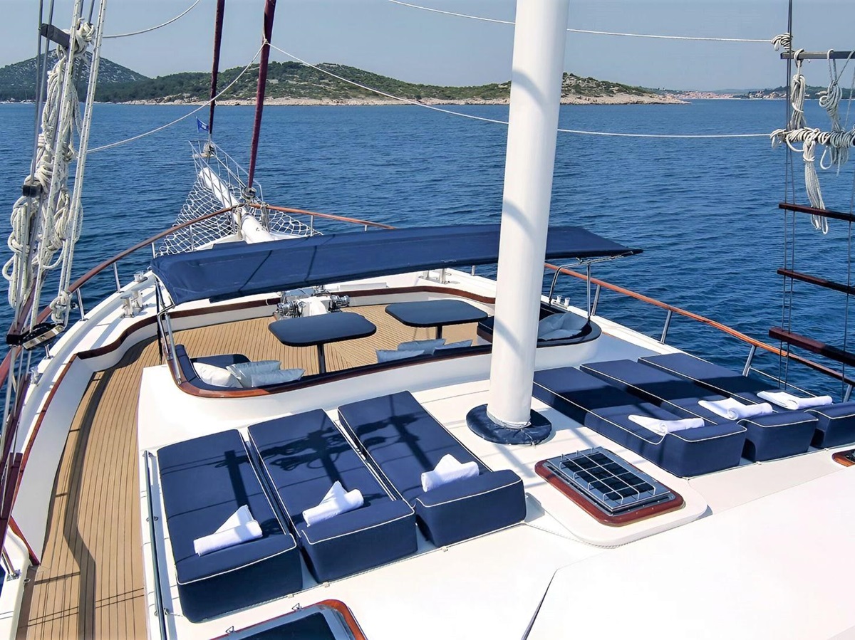 Loungers onboard the upper deck of the Aurum gulet in Croatia