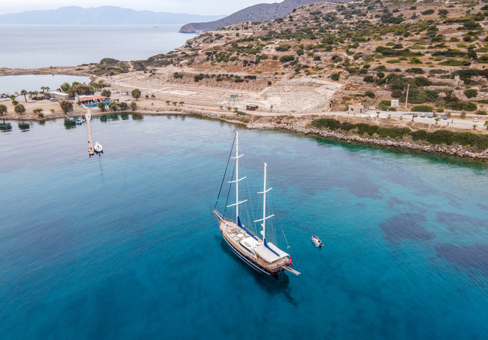 Aerial shot of luxury gulet Blue Heaven anchored off the Turkish coast