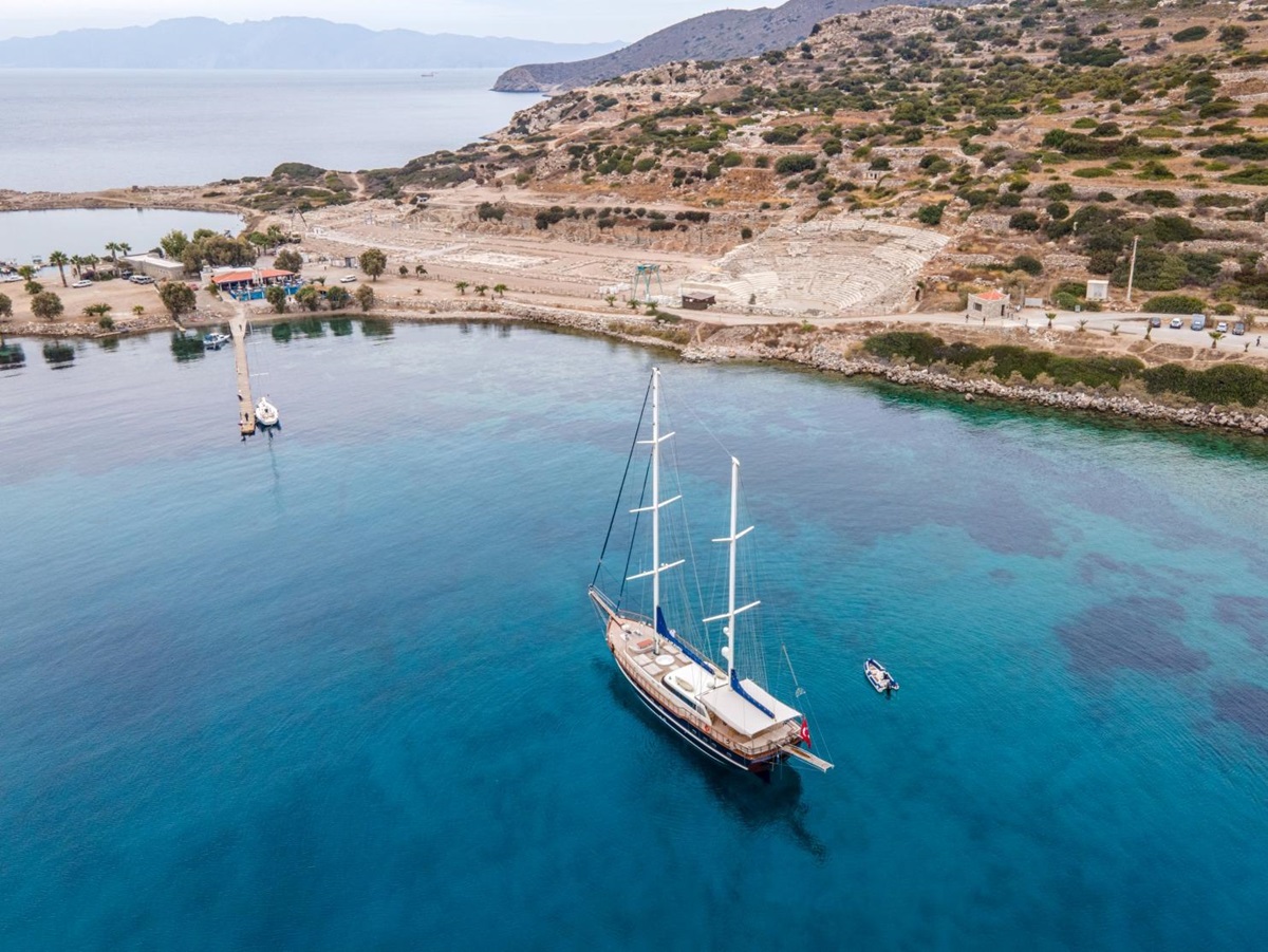 Aerial shot of luxury gulet Blue Heaven anchored off the Turkish coast