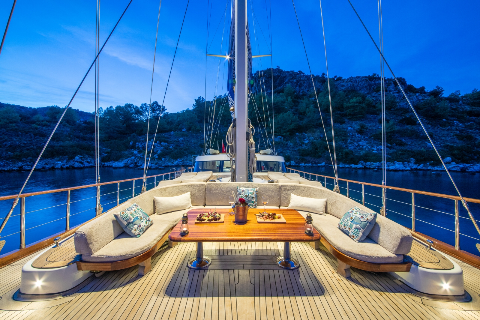 Dining area on the deck of luxury gulet Blue Heaven in the evening