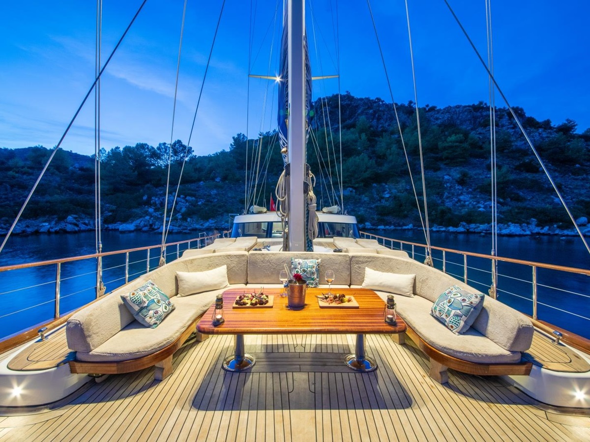 Dining area on the deck of luxury gulet Blue Heaven in the evening