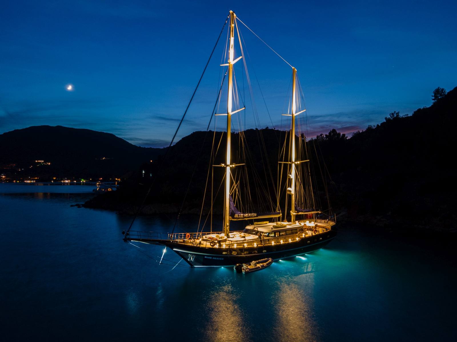 luxury gulet Blue Heaven  anchored off the Turkish coast at night