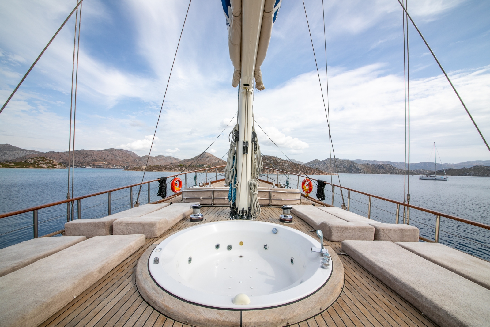 Deck of luxury gulet Blue Heaven with loungers and jacuzzi