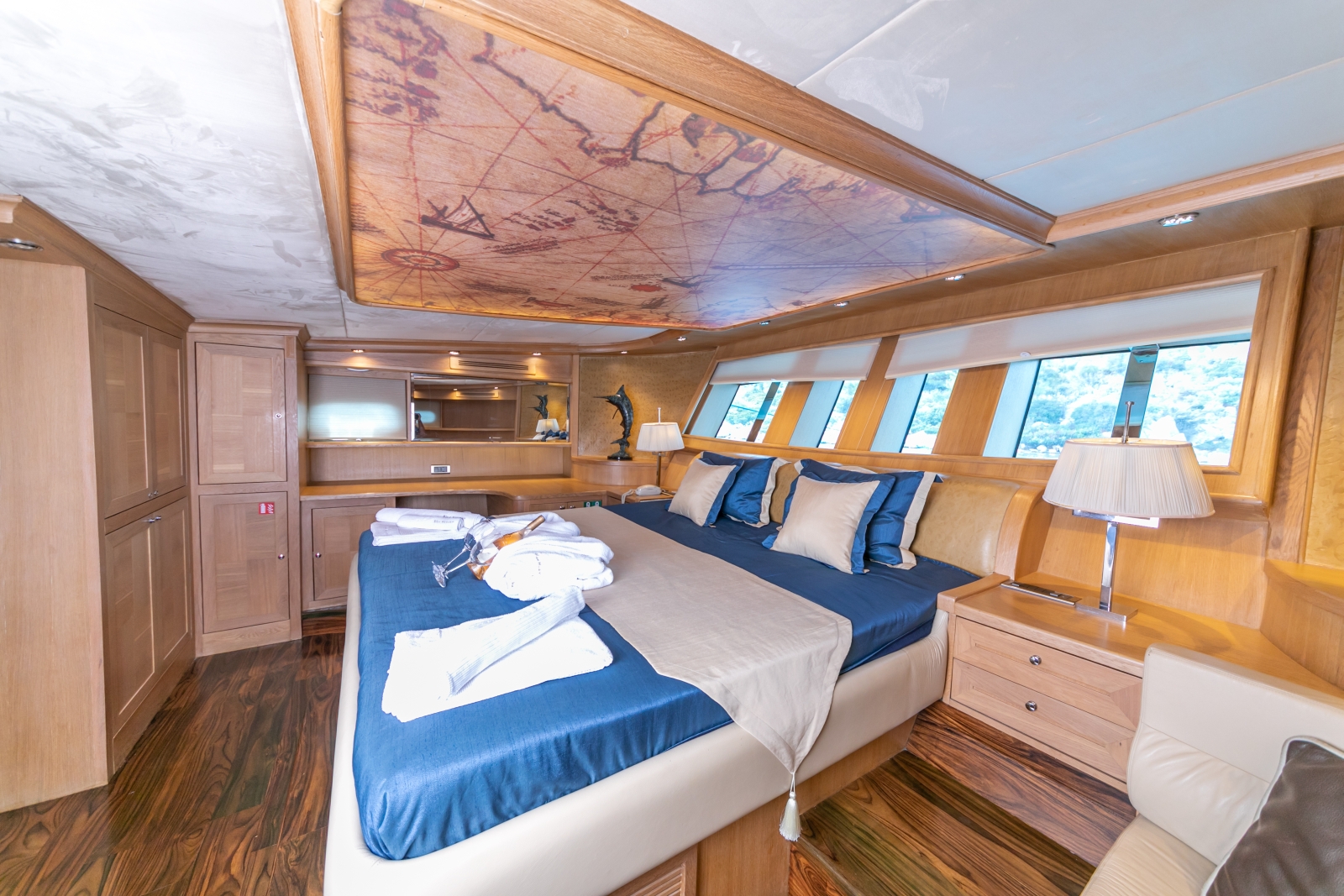 Master cabin with windows and plenty of space onboard luxury gulet Blue Heaven