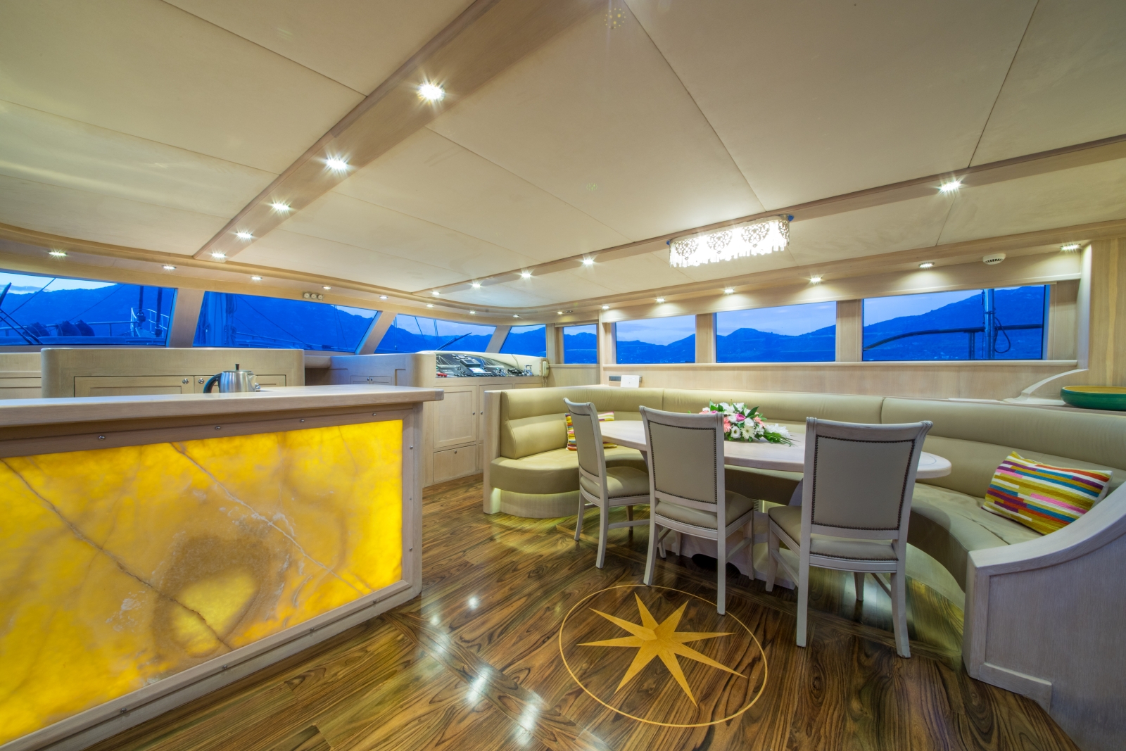 Salon of luxury gulet Blue Heaven  with dining area and bar