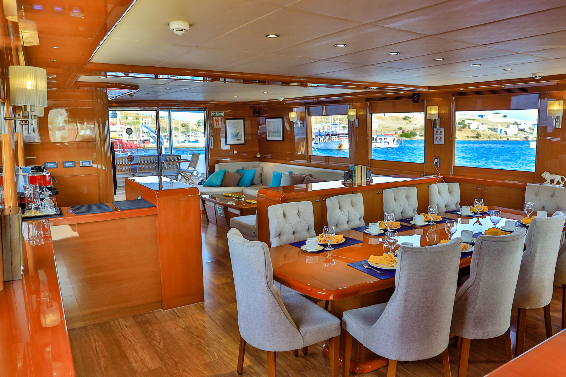 Indoor saloon onboard the Gulmaria luxury gulet in Turkey