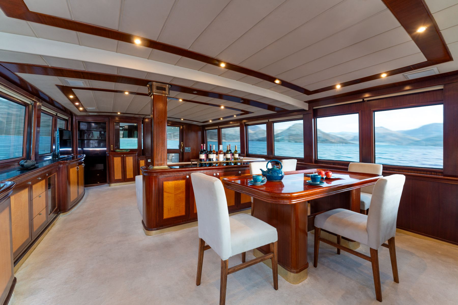 Indoor dining onboard the Caneren luxury gulet in Turkey