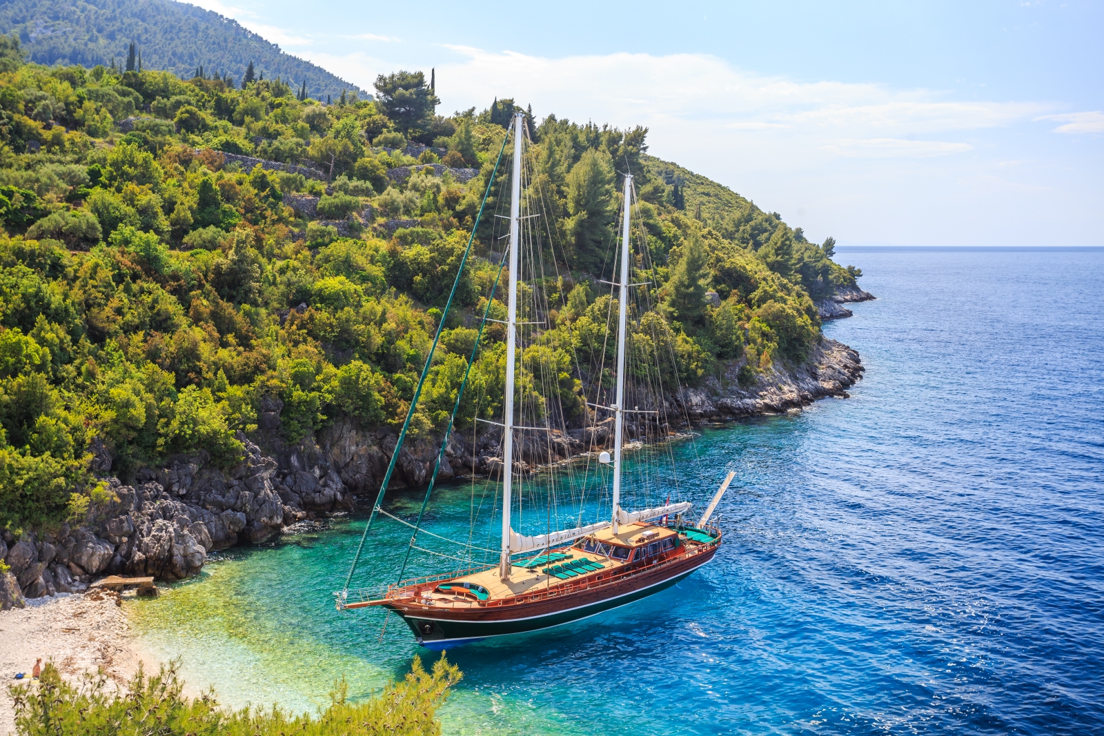 the luxury gulet Carpe Diem 7 in a bay of the turquoise Mediterranean Sea