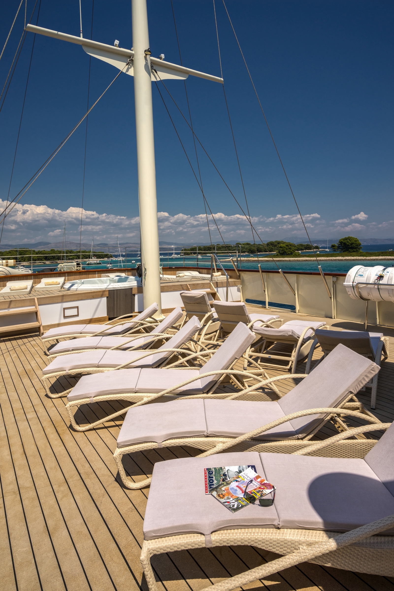 Comfortable sun loungers on the deck of luxury gulet Casablanca 