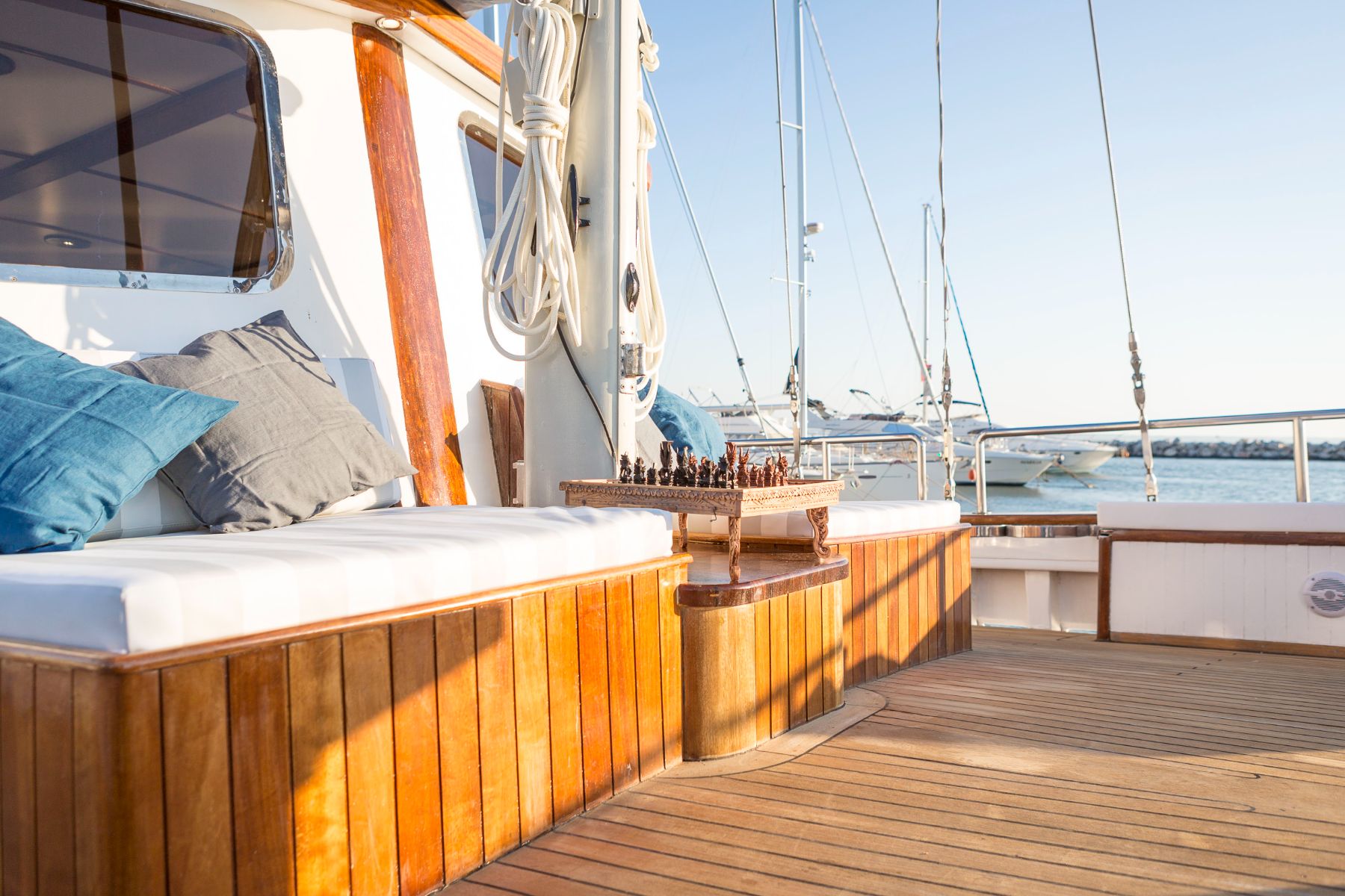 Chess set on the deck of the Cosmos luxury yacht in Greece