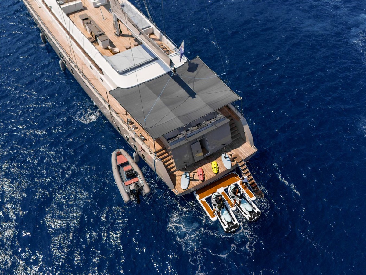 Aerial view of De Love displaying a selection of water toys