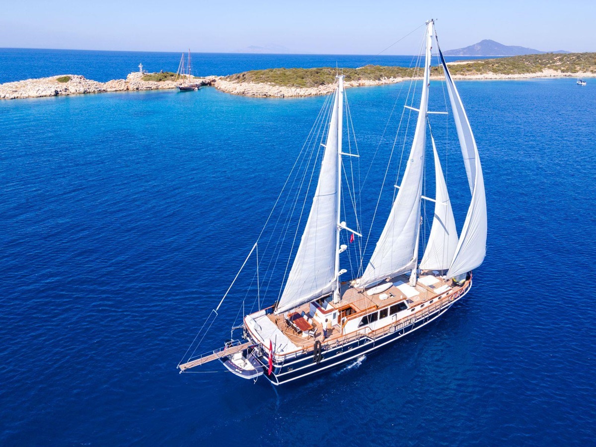 Close up aerial view of the Dea Del Mare gulet in Turkey