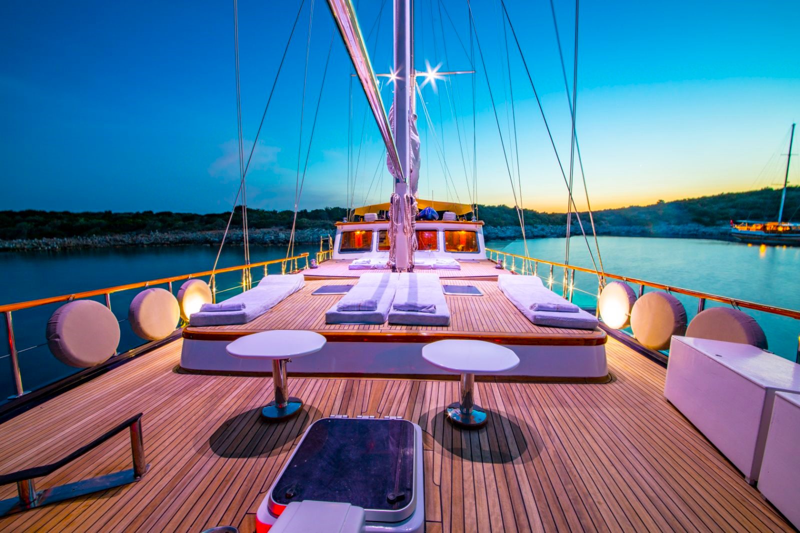 Upper deck at dusk onboard the Dea Del Mare gulet in Turkey