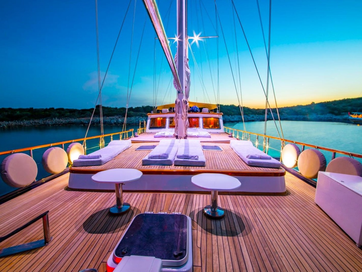 Upper deck at dusk onboard the Dea Del Mare gulet in Turkey