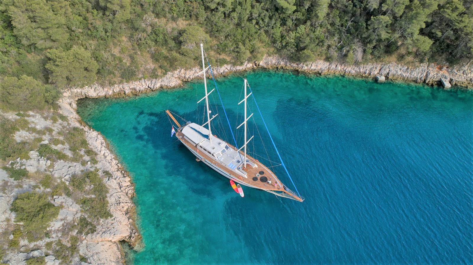Aerial view of the Fortuna gulet in bay in Croatia