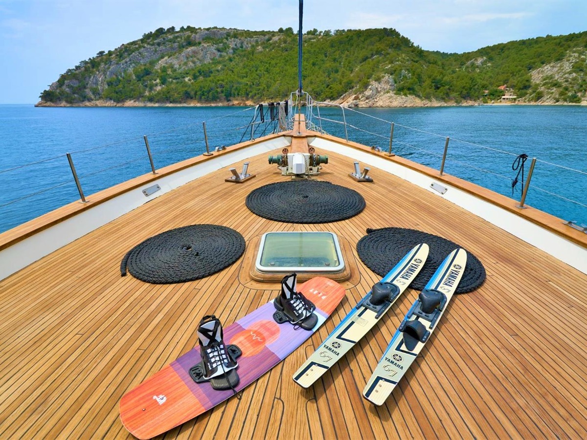 Skis on the deck of the Fortuna gulet in Croatia