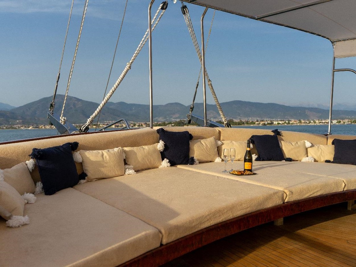 Outdoor lounge on board the Happy Days gulet in Turkey