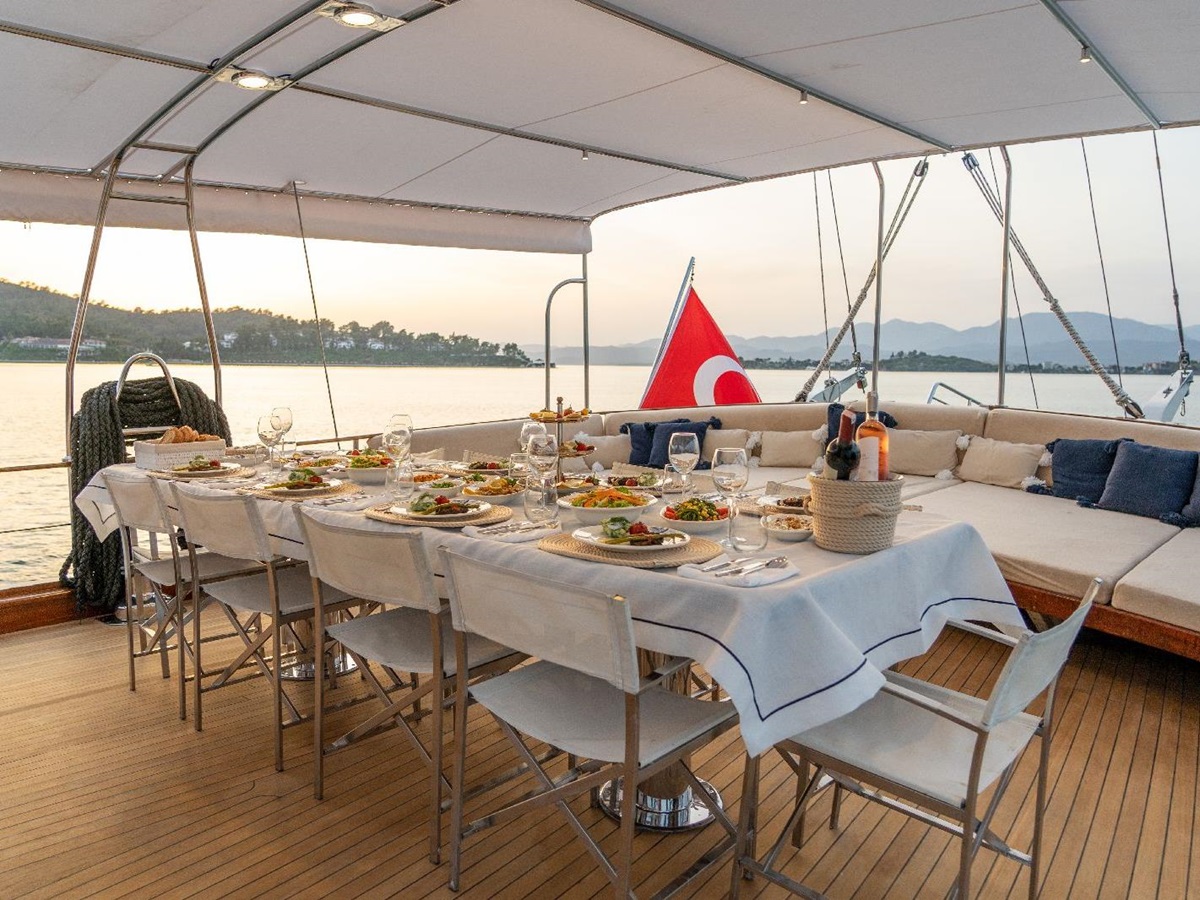 Al fresco dining on the deck of the Happy Days gulet in Turkey