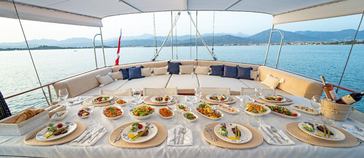 Dining on the deck of the Happy Days gulet in Turkey
