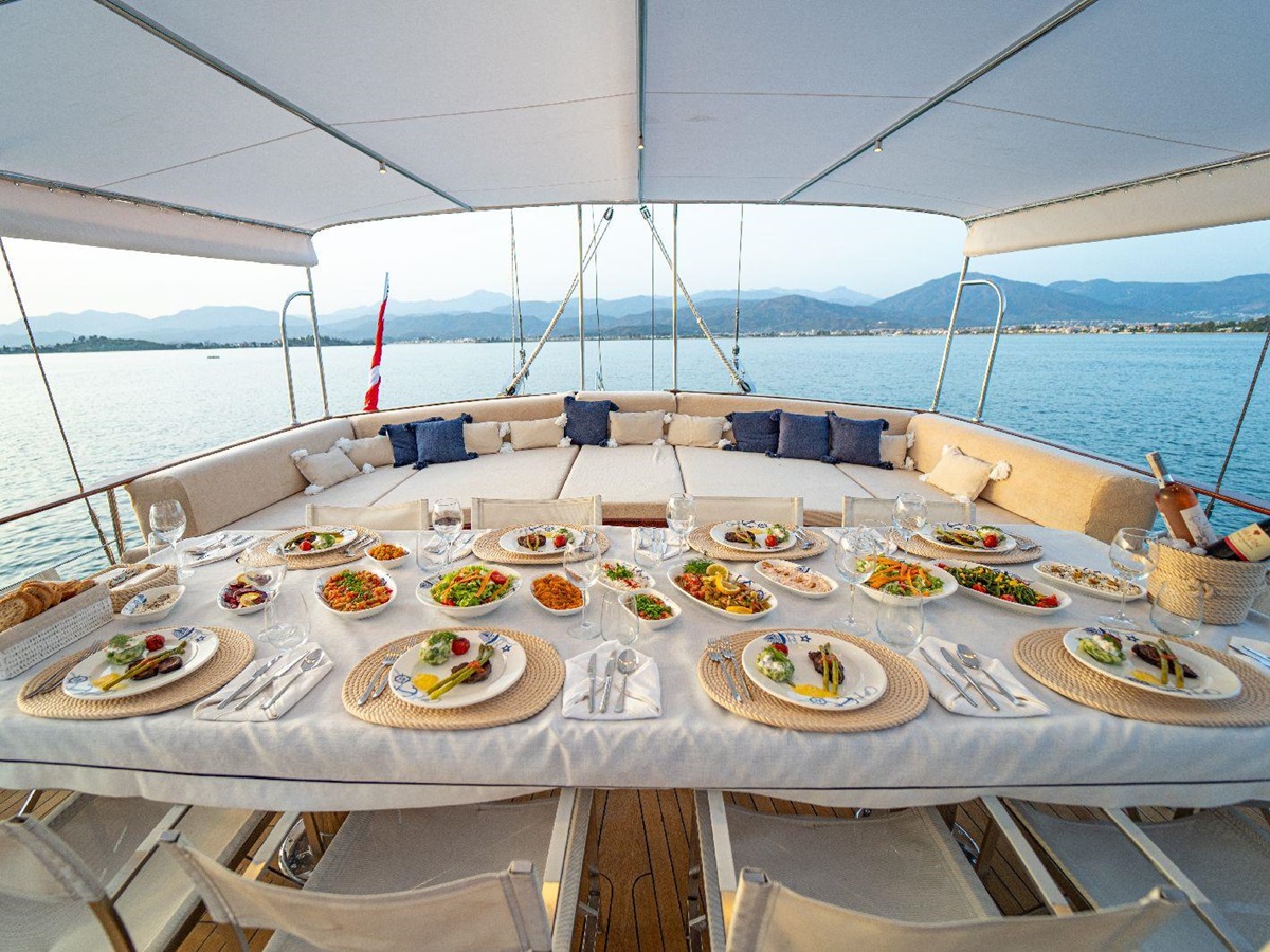 Dining on the deck of the Happy Days gulet in Turkey