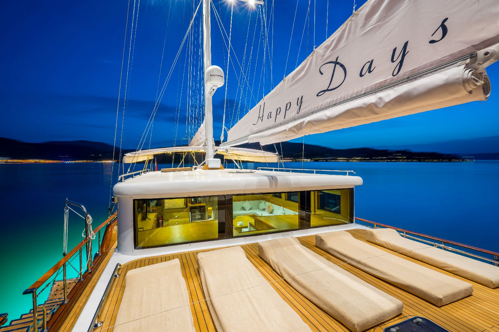The deck of the Happy Days gulet in Turkey at dusk