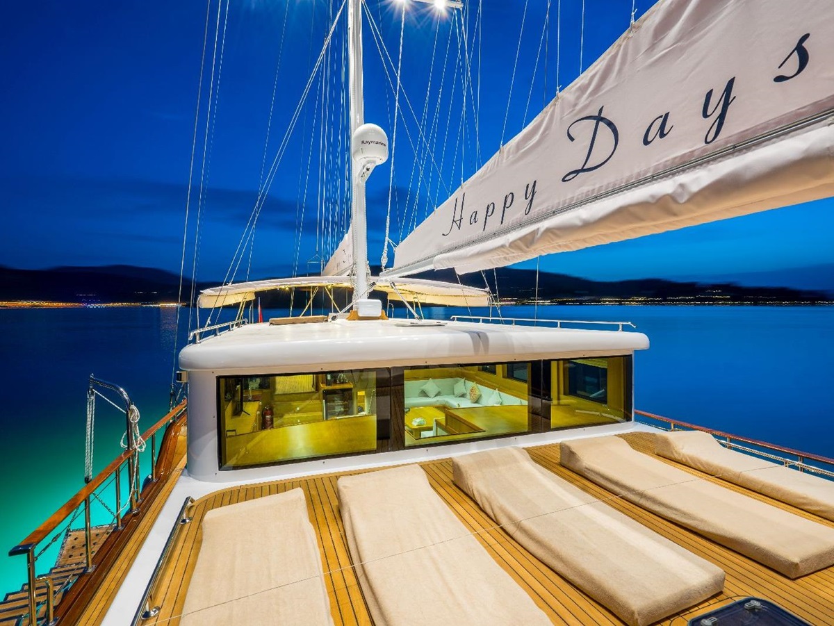 The deck of the Happy Days gulet in Turkey at dusk