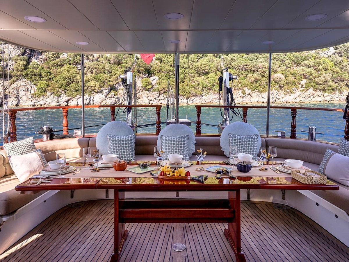 aft dining area onboard the Kaftan luxury gulet in Turkey