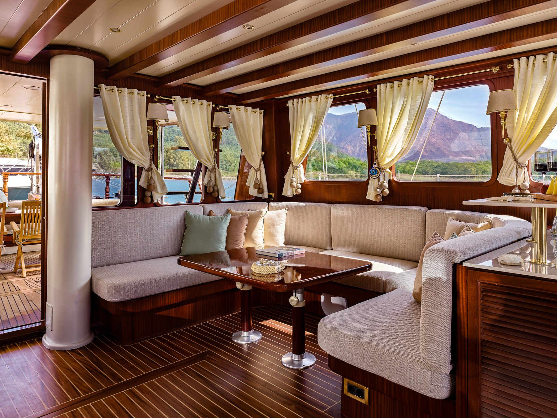Saloon dining area onboard the Kaftan luxury gulet in Turkey
