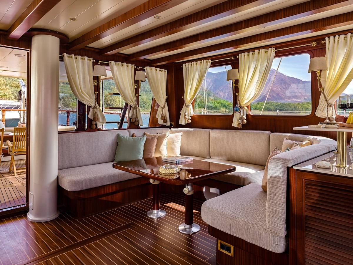 Saloon dining area onboard the Kaftan luxury gulet in Turkey