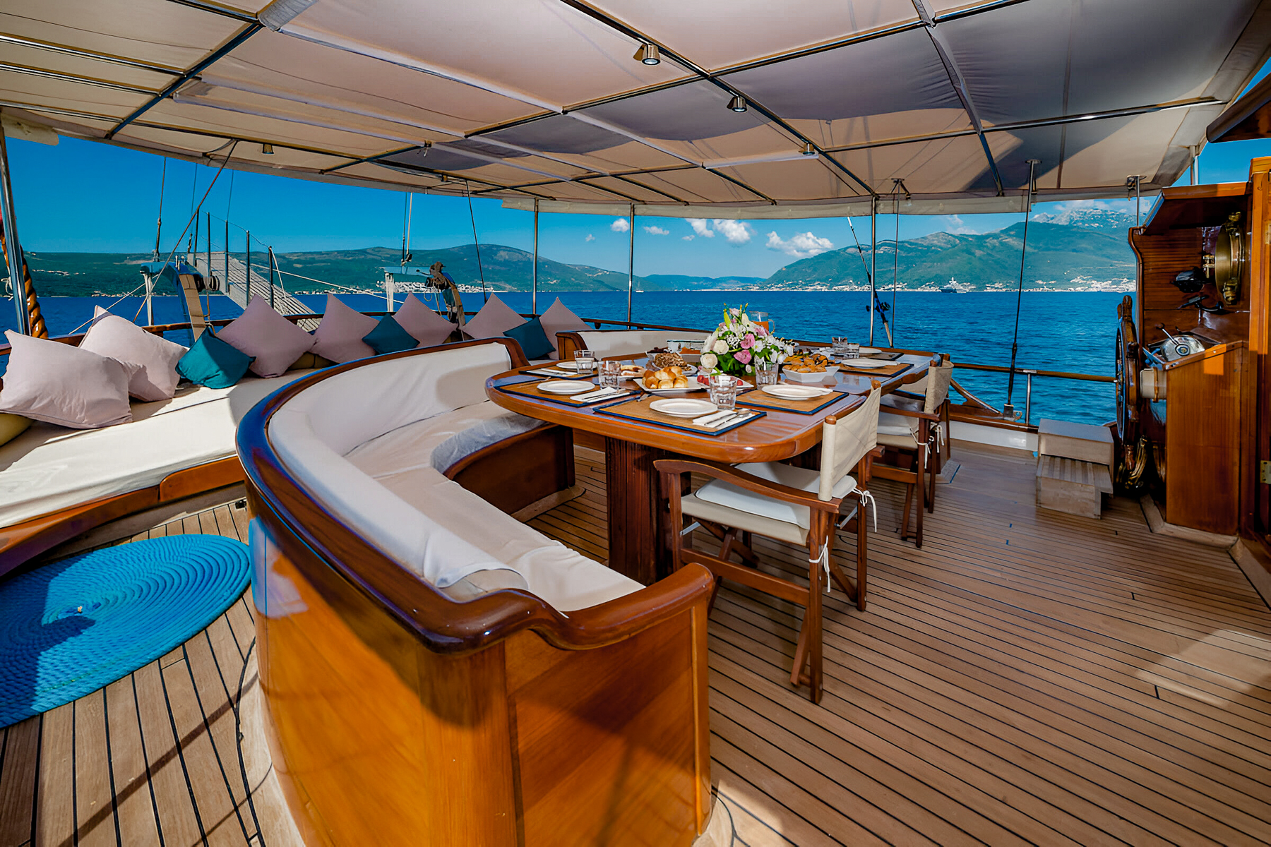 Alfresco dining area onboard the Kaptan Sevket luxury gulet in Montenegro