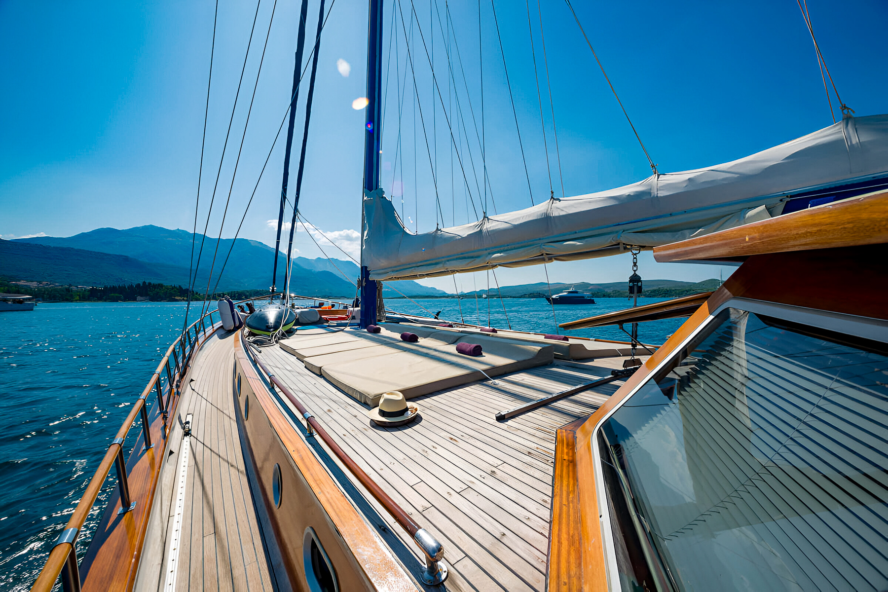 Deck onboard the Kaptan Sevket luxury gulet in Montenegro