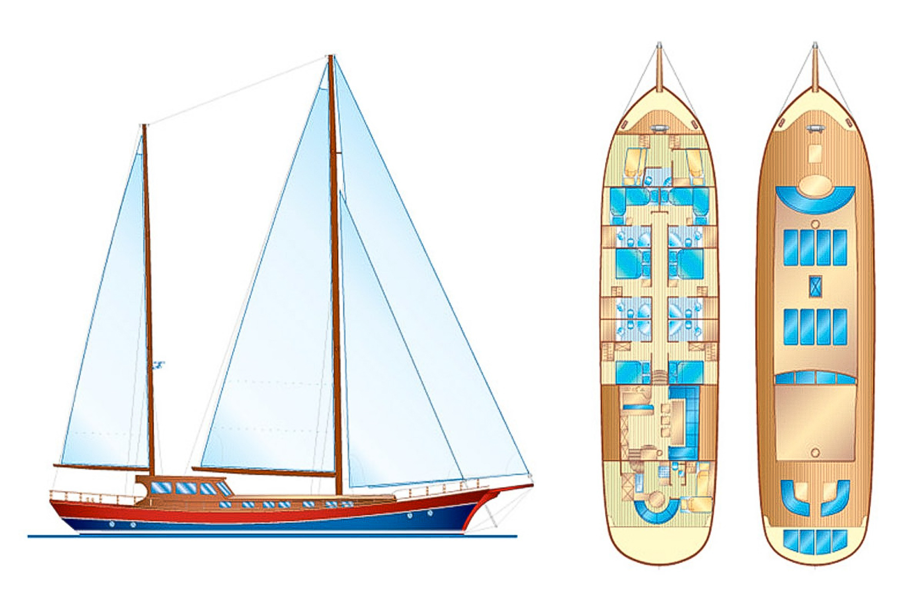 Deckplan of the Kaptan Sevket luxury gulet in Montenegro