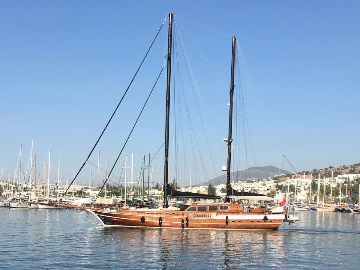 View of the luxury gulet Kaya Guneri Plus in a harbour