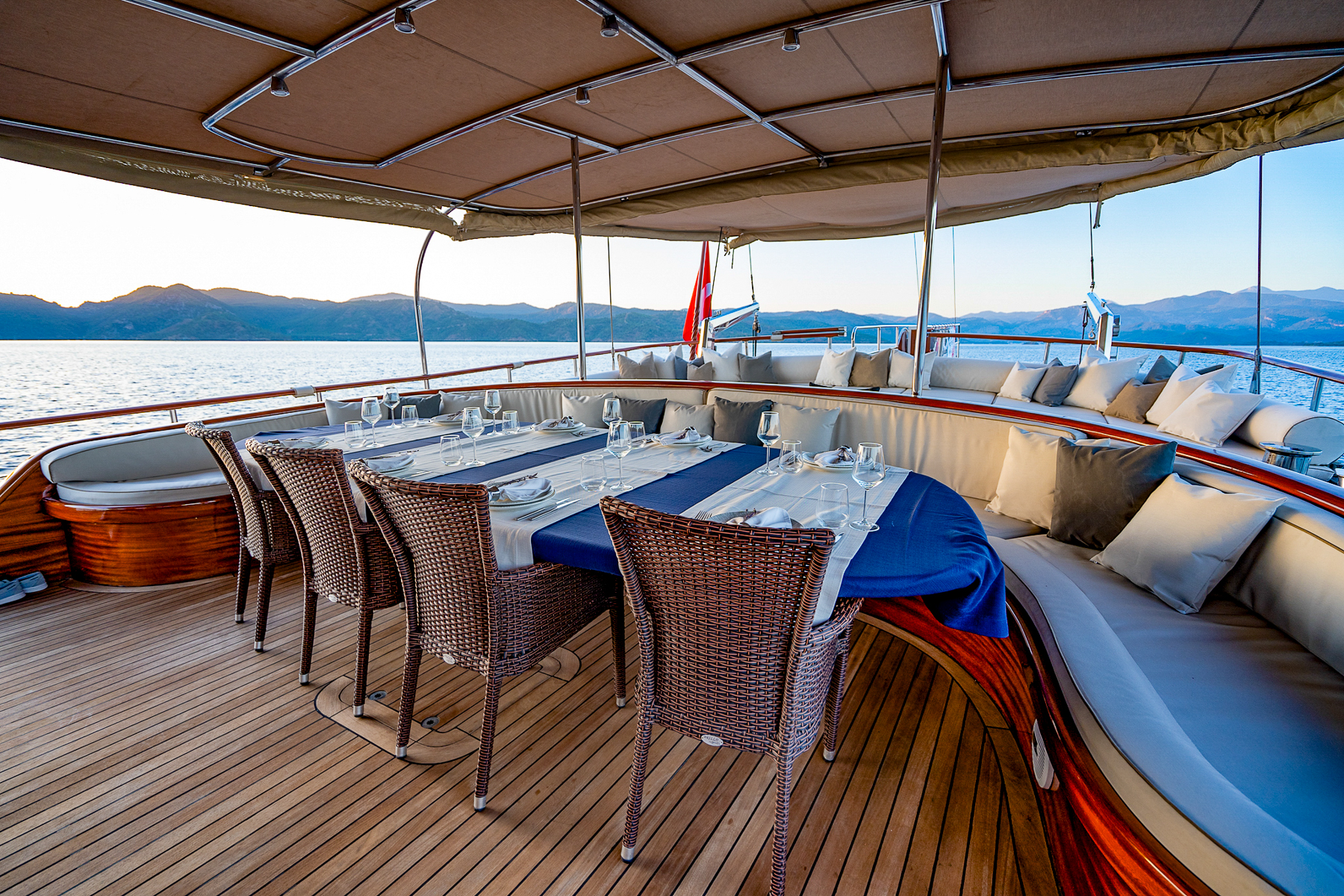 Alfresco dining table onboard the La Bella Vita luxury yacht in Turkey