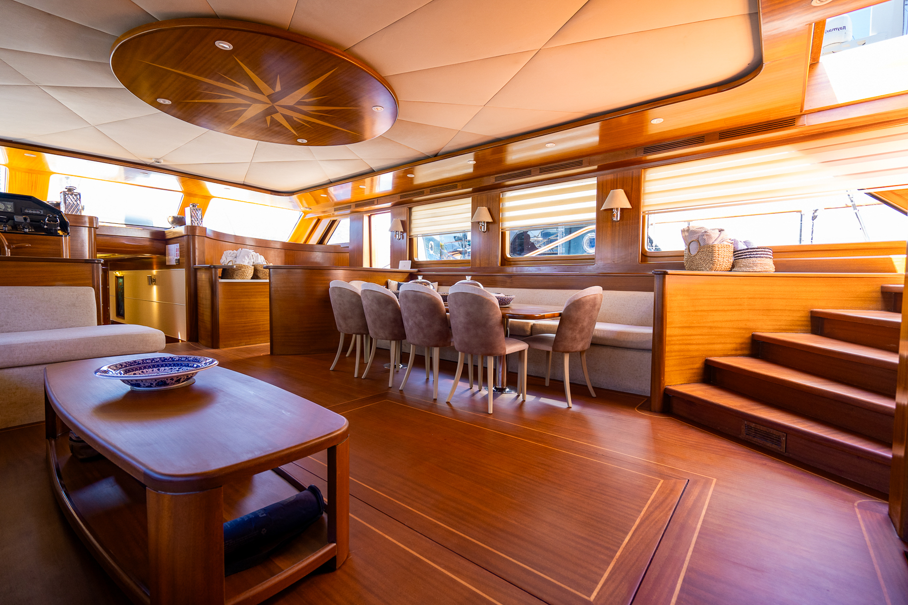 Indoor dining table onboard the La Bella Vita luxury yacht in Turkey