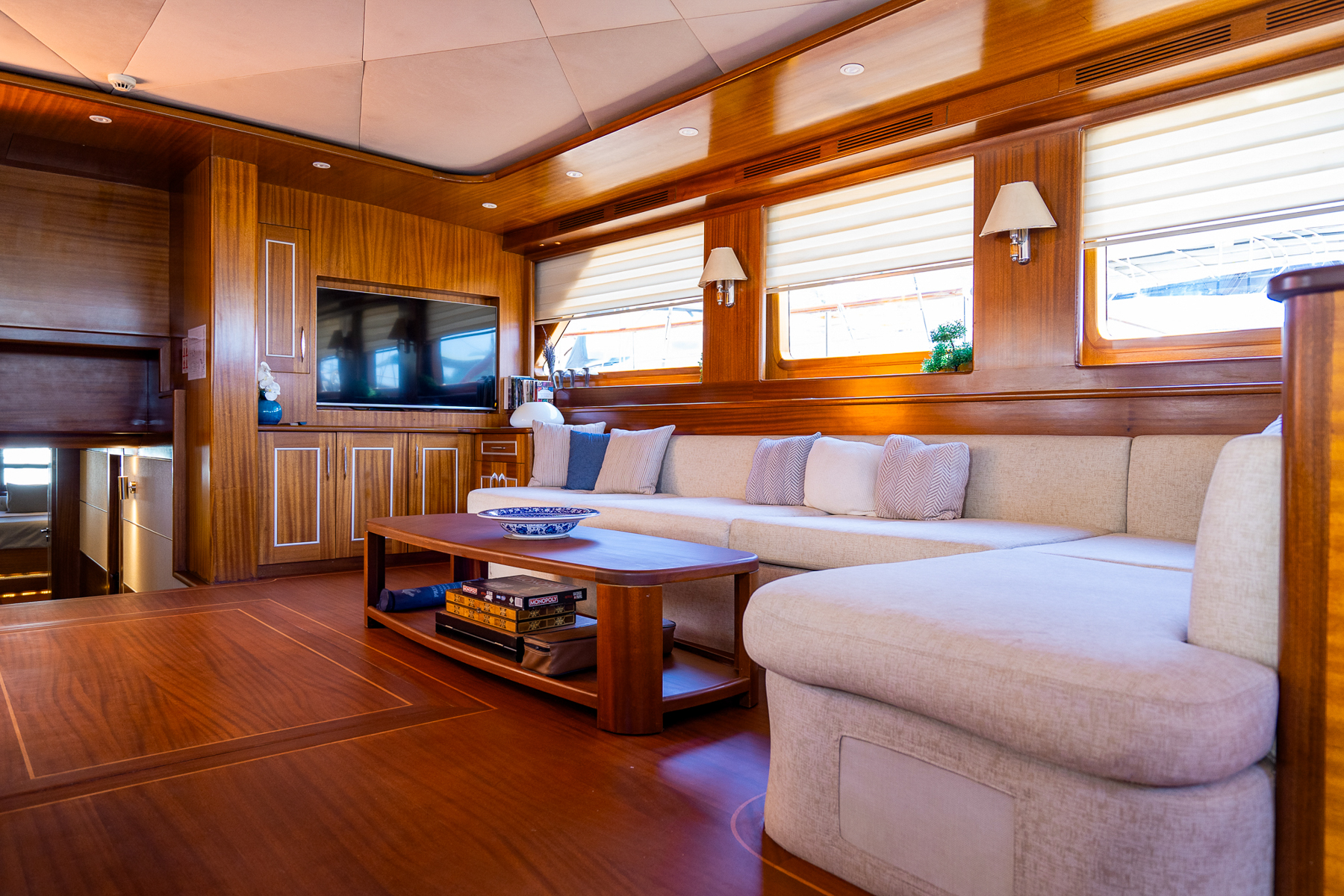 Indoor lounge and television area onboard the La Bella Vita luxury yacht in Turkey